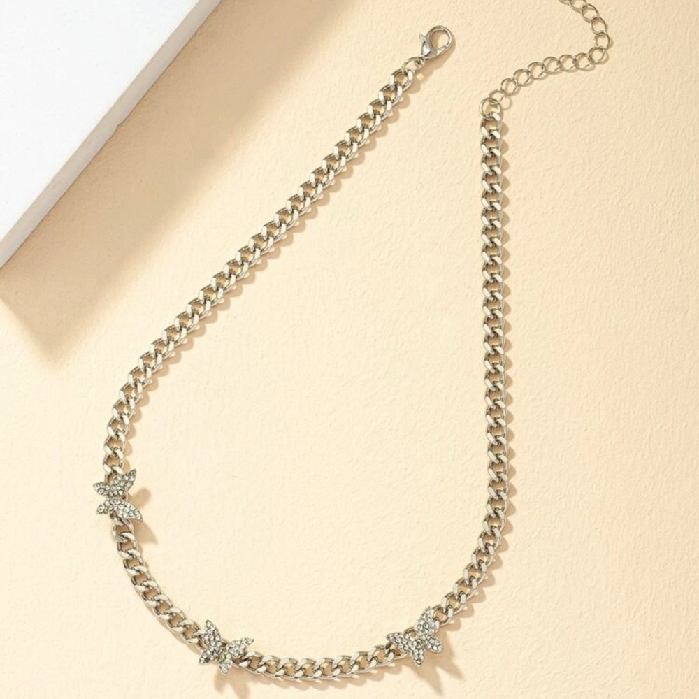 Silver Rhinestone Butterfly Choker Necklace - Picture 3 of 3
